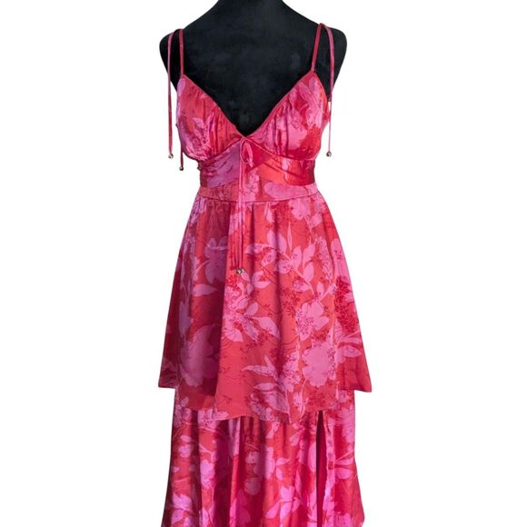 CRYSTAL DOLL Tiered Maxi Gown M Red Pink Floral Satin Fantasy Fairy Formal Dress - Picture 2 of 9